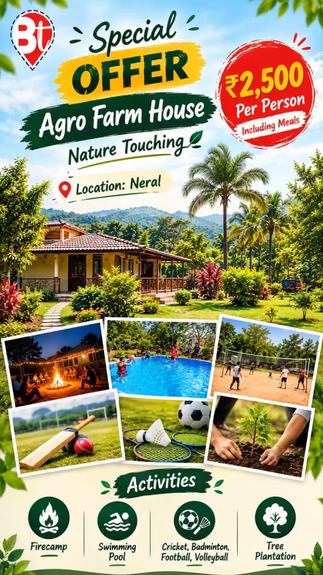 🌿 A perfect getaway is closer than you think! 🌿

Escape the city and enjoy the peaceful charm of Agro Farm House, Nature Touching. 🌴✨

🔥 Firecamp
🏊 Swimming Pool
🏏 Cricket • Badminton • Football • Volleyball
🌱 Tree Plantation

💰 Special Offer: ₹2,500 Per Person
🍽️ Including Meals

📍 Location: Neral
📞 Book Now: 85912 97379

Your perfect nature escape awaits! 💚🌿

#AgroFarmHouse #Neral #WeekendGetaway #NatureStay #FarmhouseStay #MumbaiGetaway #ResortLife #SwimmingPool #WeekendVibes #BookNow