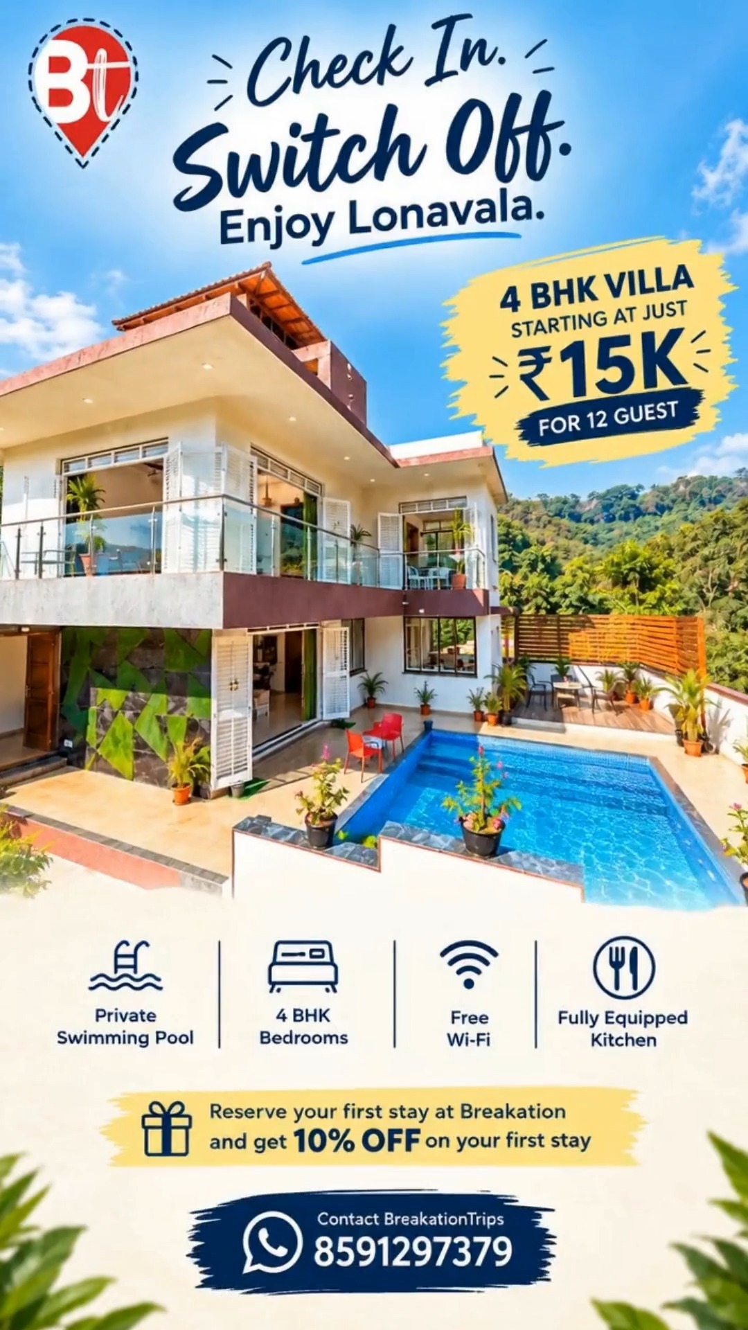 Ditch the city noise and dive straight into relaxation! 

🌊✨Tucked away in the scenic hills of Lonavala, this stunning stay is your ultimate group destination. Float in your private pool, sip chilling drinks, and soak in the lush mountain views with your favorite people. 

 ✨ Why you’ll love it:
🏊 Exclusive Private Pool
🛏️ 4 Luxe BHK Bedrooms
🌐 High-Speed Wi-Fi
👨‍🍳 Full Kitchen Setup

👥 Room for up to 12 Guests 💰 Unbeatable Deal: Starting at ₹15,000/night for 12 people!

🔥 Bonus: Take 10% OFF your very first booking with Breakation Trips.

  DM us or WhatsApp 8591297379 to lock in your dates! 📩  #LonavalaStaycation #PoolVilla #BreakationTrips #WeekendVibes #LuxuryStay #GroupTrips #LonavalaDiaries