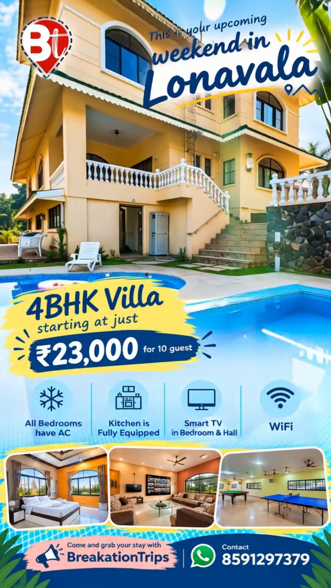 🌴 POV: Your next weekend looks like THIS… 🏡💦✨

No crowded hotels.
No boring weekends.
Just your people, your villa & your own private pool. 😍

🏡 4BHK Villa | Lonavala
💦 Private Pool
👥 Up to 10 Guests
💰 Starting at ₹23,000

And yes, you get all this 👇
❄️ AC Bedrooms
🍳 Fully Equipped Kitchen
📺 Smart TV
📶 WiFi
🎮 Indoor Games

🌿 Pack your bags. Gather your gang. Lonavala is calling! 🚗💨

📲 8591297379 | DM to Book

💙 BreakationTrips — Weekends, but better.

#BreakationTrips #Lonavala #LonavalaVilla #LonavalaTrip #PrivatePoolVilla #WeekendGetaway #VillaLife #TravelMaharashtra #Staycation #WeekendEscape #TravelWithFriends