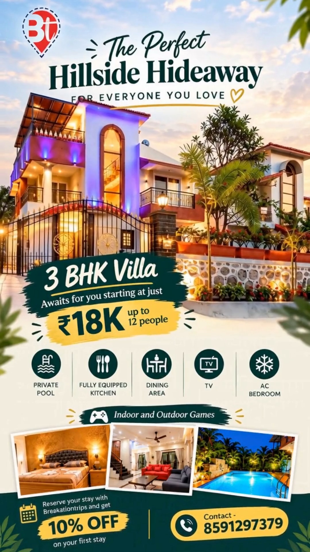 👀 POV: The group chat finally became a real trip! 😂🏡✨

No more “Kab chale?” 😭
No more “Plan cancel ho gaya?” 😂

This time, you’re actually going! 🚗💨🌿

🏡 3 BHK Villa | Up to 12 Guests
💰 From ₹18K

🏊‍♂️ Private Pool
🎮 Games
🍳 Equipped Kitchen
❄️ AC Bedrooms
🍽️ Dining Space

🎁 Get 10% OFF on your first stay! 🔥

📅 Lock the dates. Bring the gang. Make the memories. 🥂📸

📲 8591297379

#BreakationTrips #VillaLife #WeekendVibes #GroupGetaway #TravelReels #WeekendEscape