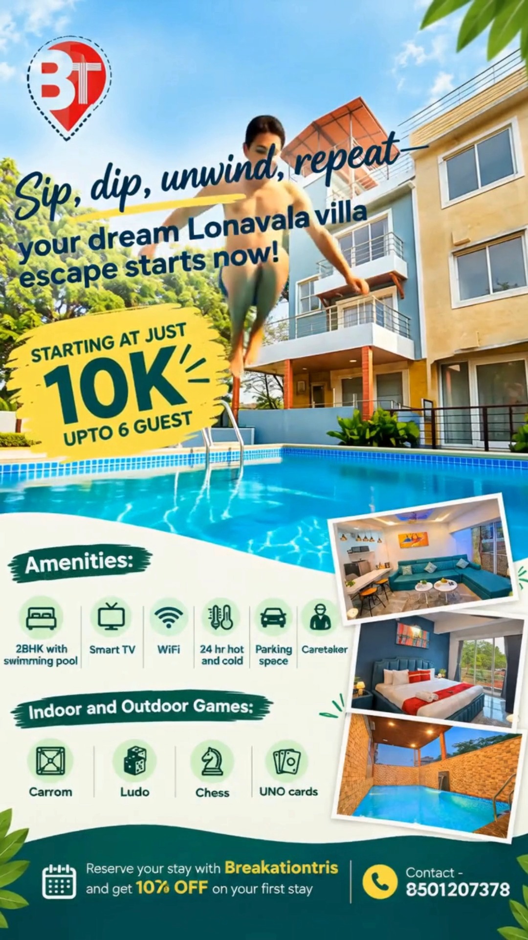 👀 POV: YOU JUST FOUND YOUR LONAVALA POOL VILLA! 🏡💦

🚨 Oye bhai, scroll mat kar! 😍 Itne budget mein Lonavala mein pool villa escape mil raha hai! 🔥🌴

🏊 Swimming Pool
🏡 2 BHK Villa
👯 Up to 6 Guests
🎲 Indoor Games
💸 Starting at ₹10K!

🎁 Plus, 10% OFF on your first stay! 🤩

Offer ka fayda uthao, apni gang ko tag karo aur apni favourite dates jaldi se LOCK karo! 📅🚀

📲 8591297379 | BreakationTrips

#LonavalaDiaries #PoolVilla #BreakationTrips #VillaLife #TravelReels #WeekendPlans