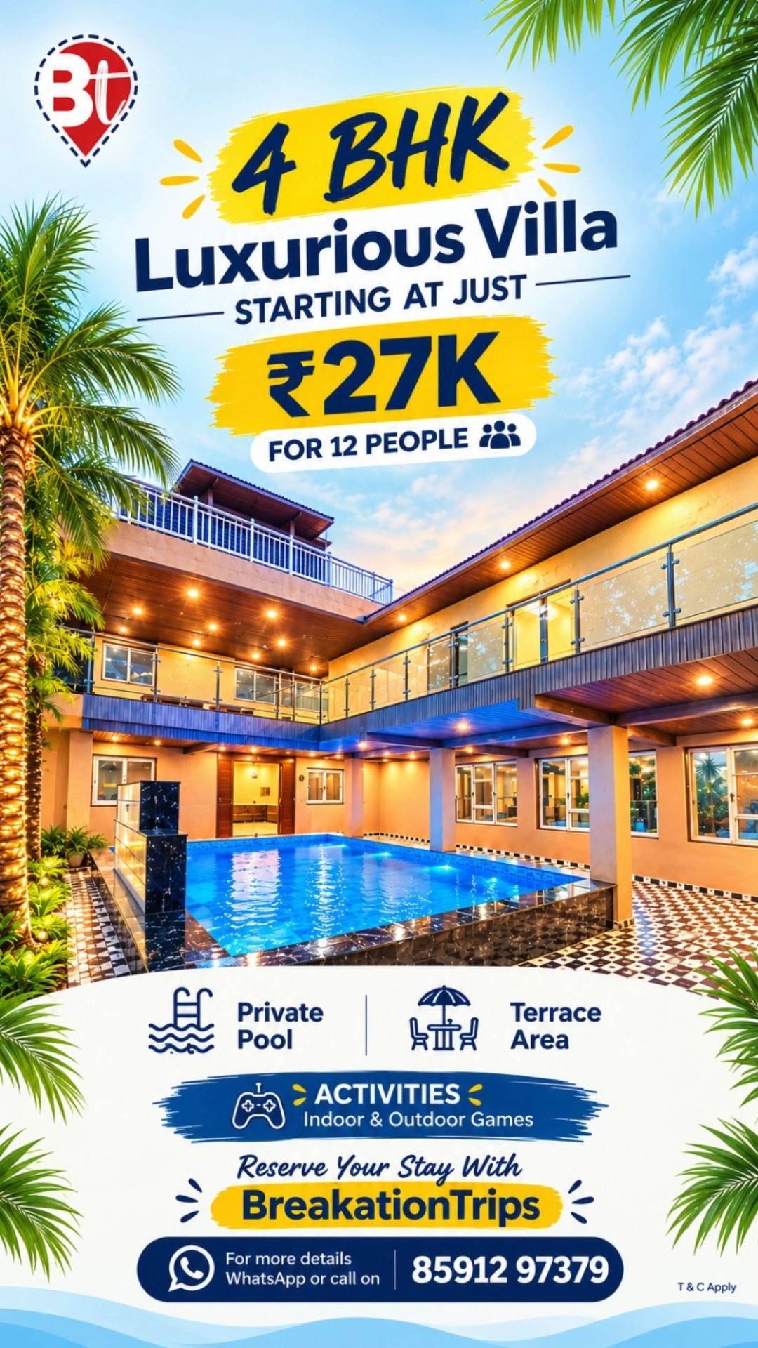 👀 OYE YAAR, VILLA TRIP KA PLAN KAB BAN RAHA HAI? 😂🔥

Ab bas “kabhi chalte hain” mat bolo! 😭
Apni gang ko bulao aur ek perfect villa getaway plan karo! 🥳👯

✨ 4 BHK Luxury Villa
🏊 Private Swimming Pool
🌅 Beautiful Terrace Area
🎮 Indoor & Outdoor Games
👥 For 12 Guests

💰 Starting at ₹27,000!
🎁 Get 10% OFF on your first stay with BreakationTrips! 🎉💸

📲 Call 8591297379 and make that plan happen! ☎️

👇 Tag your friends and ask them: “Dates batao, booking karu?” 🤣

#BreakationTrips #VillaStay #GroupGetaway #WeekendPlans #PrivatePoolVilla