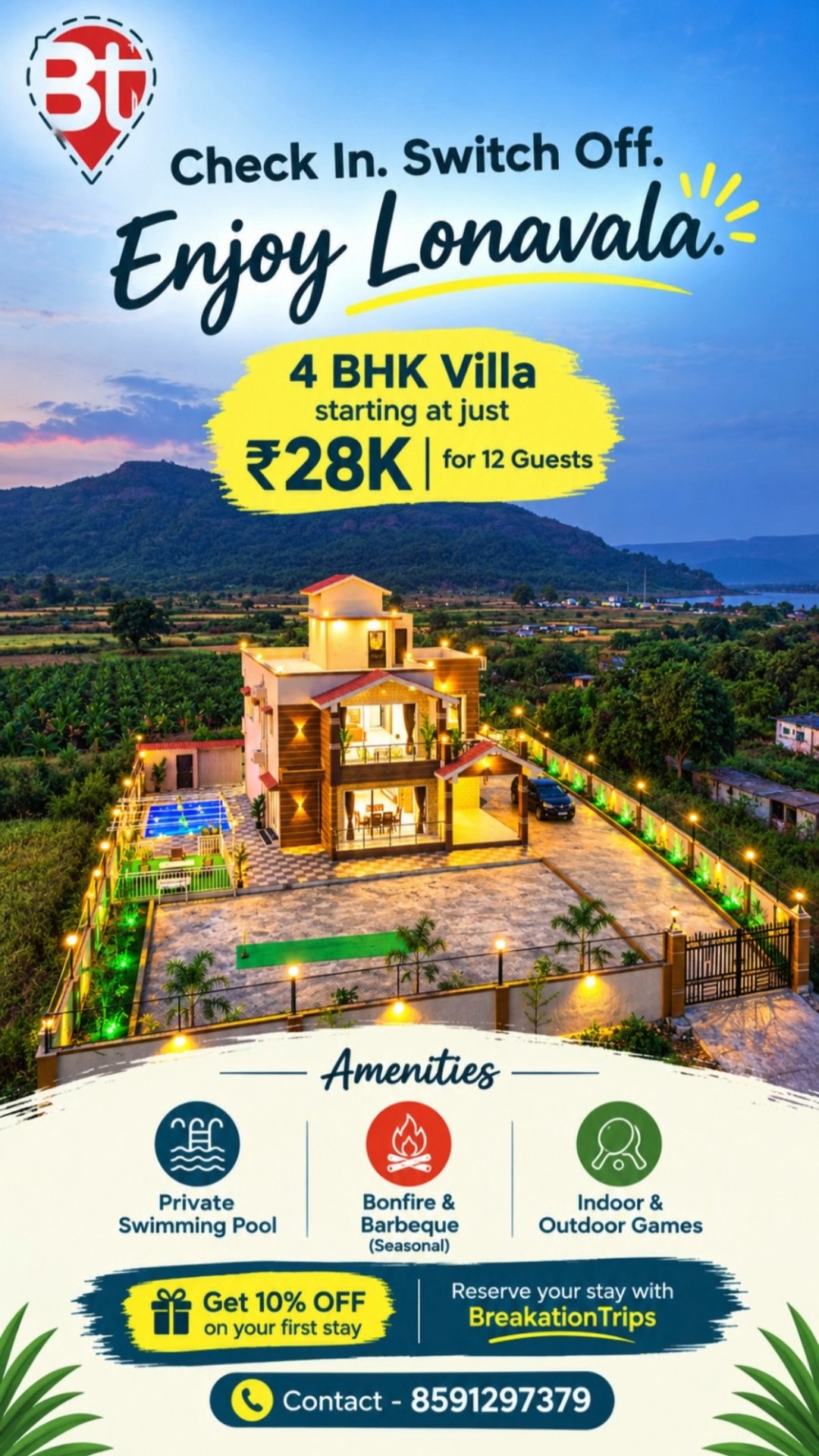 🌴 **POV: Your Weekend Just Got an Upgrade!** 😍🏡

Imagine this… 👇
☀️ Sunny poolside mornings
🏊‍♀️ Splash-worthy moments
🔥 Bonfire nights & seasonal BBQ
🎮 Games, laughter and your favourite people!

📍 **Lonavala Luxury Villa**
🛏️ 4 BHK | 👥 Up to 12 Guests
💸 Starting at ₹28,000

🎁 **Your First Escape Comes with 10% OFF!** 🥳

💌 Don't just save this post — plan the getaway!
📲 WhatsApp **8591297379** to book with BreakationTrips.

✨ Tag your squad and start planning! 👇💚

#BreakationTrips #LonavalaDiaries #VillaGoals #WeekendEscape #PoolsideVibes #GroupGetaway #TravelMore