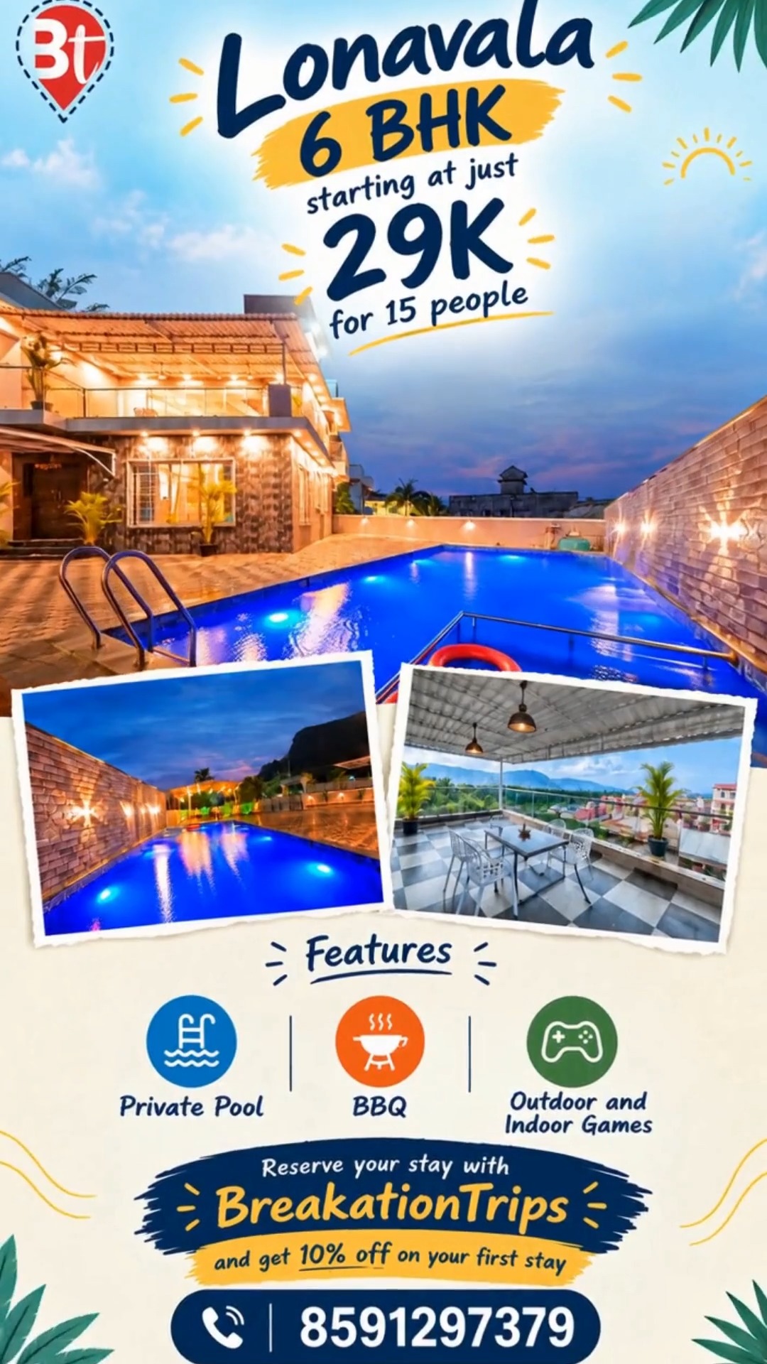 🌴✨ **Big Squad. Private Pool. Epic Lonavala Escape!** 🏡

👯 Gather your favourite people and turn an ordinary weekend into an unforgettable adventure! 🥳💚

🏡 **6 BHK Villa in Lonavala**
💰 Starting at just ₹29K for 15 people!

🏊‍♀️ Splash into your own private pool
🔥 Fire up the BBQ for fun-filled evenings
🎯 Enjoy exciting indoor & outdoor games
📸 Make memories worth posting!

🎁 **Your First Getaway Comes with 10% OFF!** 🎉

📲 Call/WhatsApp: 8591297379

🌿 **BreakationTrips — Where Weekends Feel Better!**

#BreakationTrips #LonavalaGetaway #VillaVibes #SquadGoals #PrivatePoolVilla #WeekendEscape