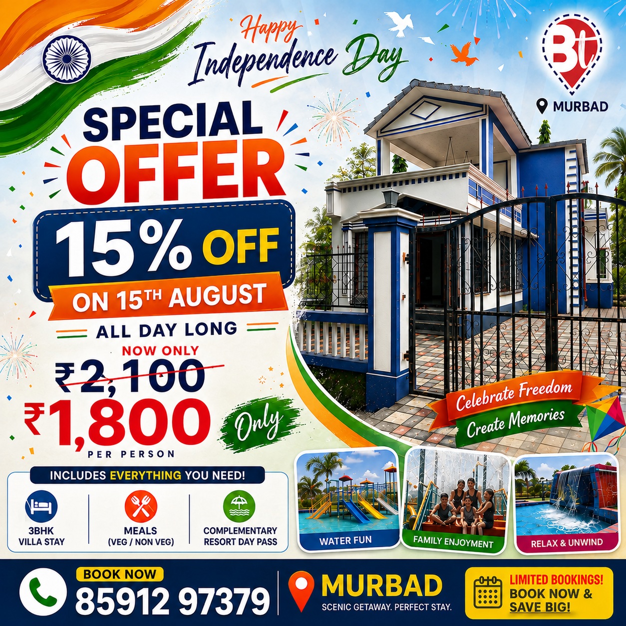🇮🇳 Freedom. Fun. Family Time. 🇮🇳

Celebrate Independence Day with a special villa getaway in Murbad!

✨ 15% OFF on 15th August Only
💰 ₹2,100 ➝ ₹1,800 Per Person

🏡 3BHK Villa Stay
🍽️ Meals Included
🎟️ Complimentary Resort Day Pass

📍 Murbad
📞 85912 97379

Limited slots available. DM or Call to book now!

#IndependenceDay #IndependenceDayOffer #MurbadVilla #VillaStay #ResortLife #WeekendGetaway #FamilyTrip #TravelMaharashtra #BreakationTrips #MonsoonGetaway