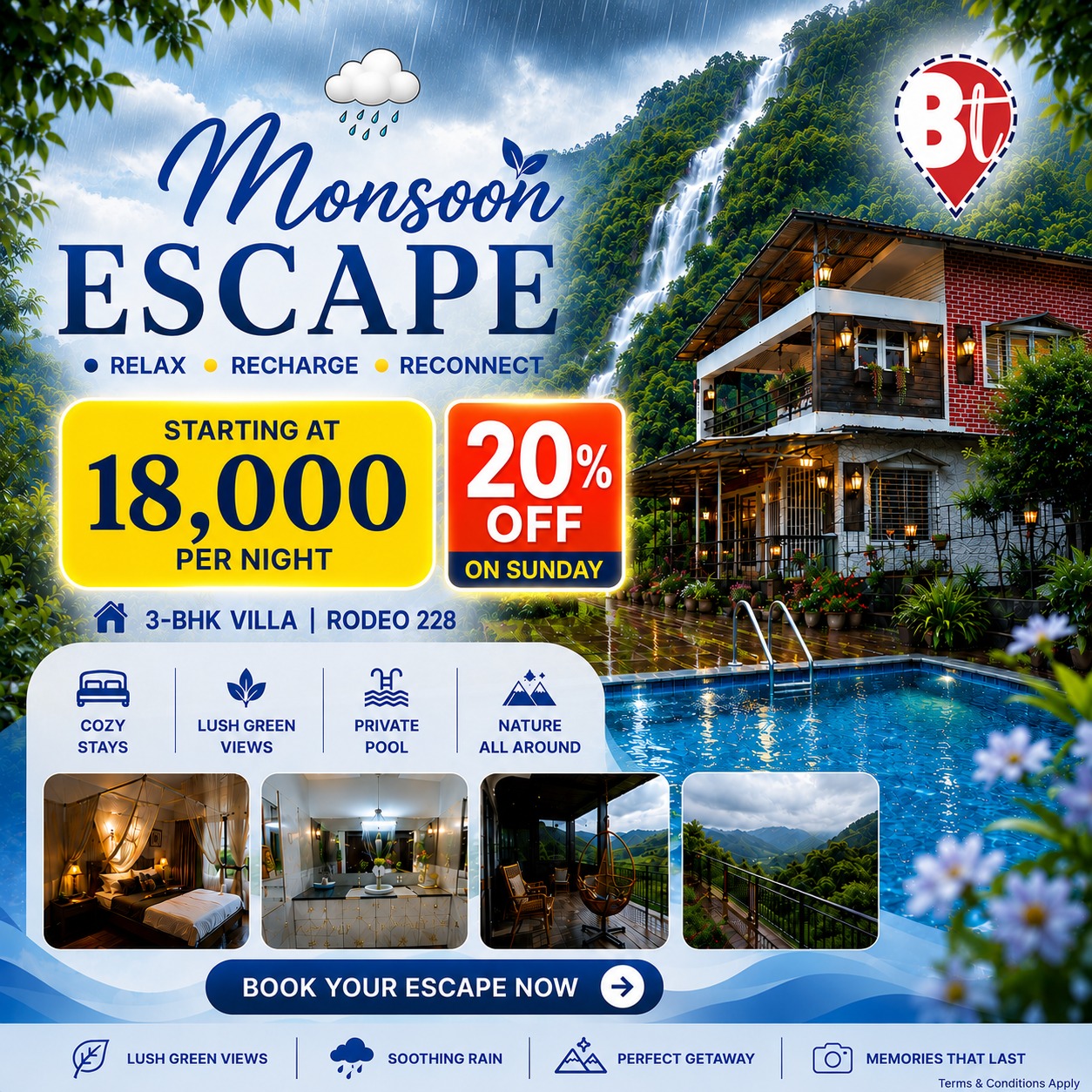 🌧️ Experience the Magic of the Monsoons at Rodeo 228! 🌿
•
Looking for the perfect getaway to Relax, Recharge, and Reconnect ? Escape the city hustle and soak in the soothing rain at our stunning 3-BHK Villa.
•
✨ Why you’ll love it: 🏡 Cozy, luxurious stays 🏊‍♂️ Private pool for your squad ⛰️ Breathtaking lush green views 🍃 Serene nature all around.
•
💰 Starting at just ₹18,000 per night! 🎁 SPECIAL OFFER: Get 20% OFF on Sunday bookings! 🤩
•
Don't let the rainy season pass you by without creating memories that last a lifetime.
•
Message us to Book your Monsoon Escape now! 
•
📞 Contact us at: 085912 97379