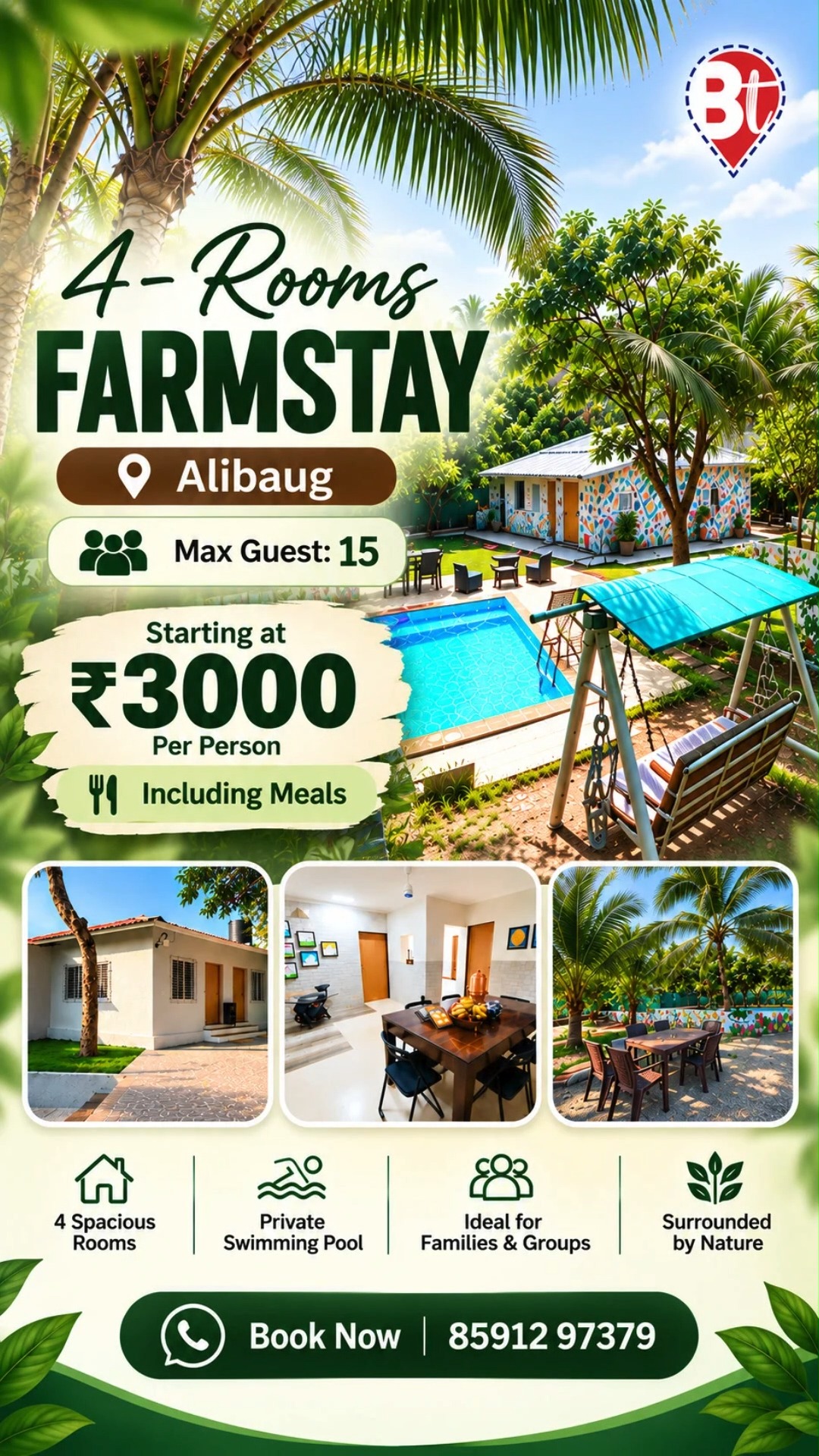 🌴 Your private getaway in Alibaug is calling! 🏡✨

Escape to a beautiful 4-Room Farmstay surrounded by nature, with a private swimming pool and plenty of space for families & groups! 💚

👨‍👩‍👧‍👦 Max Guests: 15
🏊 Private Swimming Pool
🍽️ Meals Included
🌿 Surrounded by Nature
💰 Starting at ₹3,000 per person

📍 Alibaug
📲 Book Now: 85912 97379

#Alibaug #AlibaugFarmstay #AlibaugTrip #Farmstay #WeekendGetaway #MumbaiToAlibaug #PrivatePool #FamilyGetaway #GroupStay #MaharashtraTravel #WeekendVibes