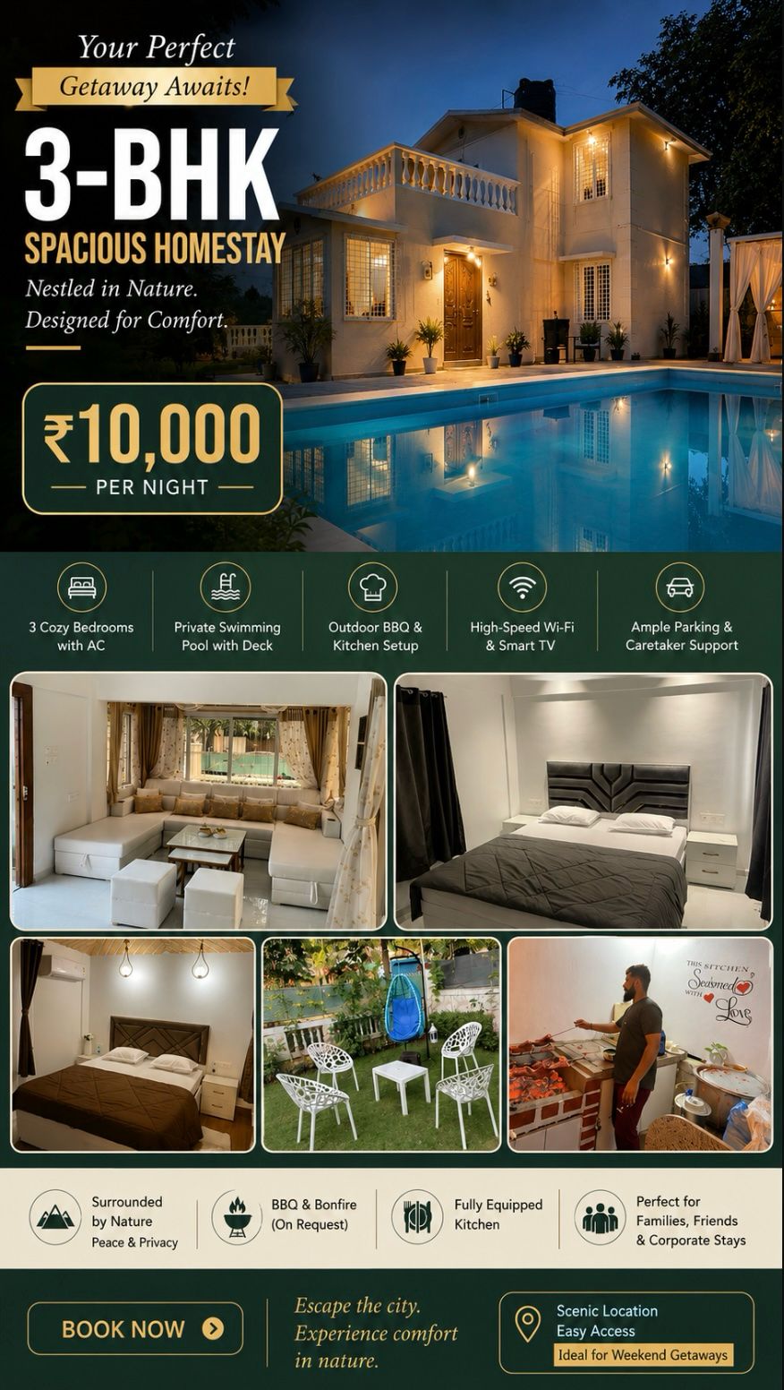 🌿 YOUR PERFECT GETAWAY AWAITS! 🏡✨

Looking for the perfect place to escape the hustle and bustle of the city?

Welcome to our spacious 3-BHK homestay, nestled in nature and designed for comfort. ❤️

Enjoy a relaxing stay with:

🛏️ 3 cozy bedrooms with AC
🏊 Private swimming pool with deck
🔥 Outdoor BBQ & kitchen setup
📶 High-speed Wi-Fi & Smart TV
🚗 Ample parking & caretaker support
🌿 Peaceful surroundings & privacy
🔥 BBQ & bonfire available on request

Perfect for families, friends, weekend getaways & corporate stays.

💰 ₹10,000 per night

✨ Escape the city. Experience comfort in nature.

📲 Message us now to check availability and book your stay!

#WeekendGetaway #Homestay #VacationRental #3BHK #PrivatePool #FamilyGetaway #FriendsTrip #Staycation #TravelIndia #Getaway